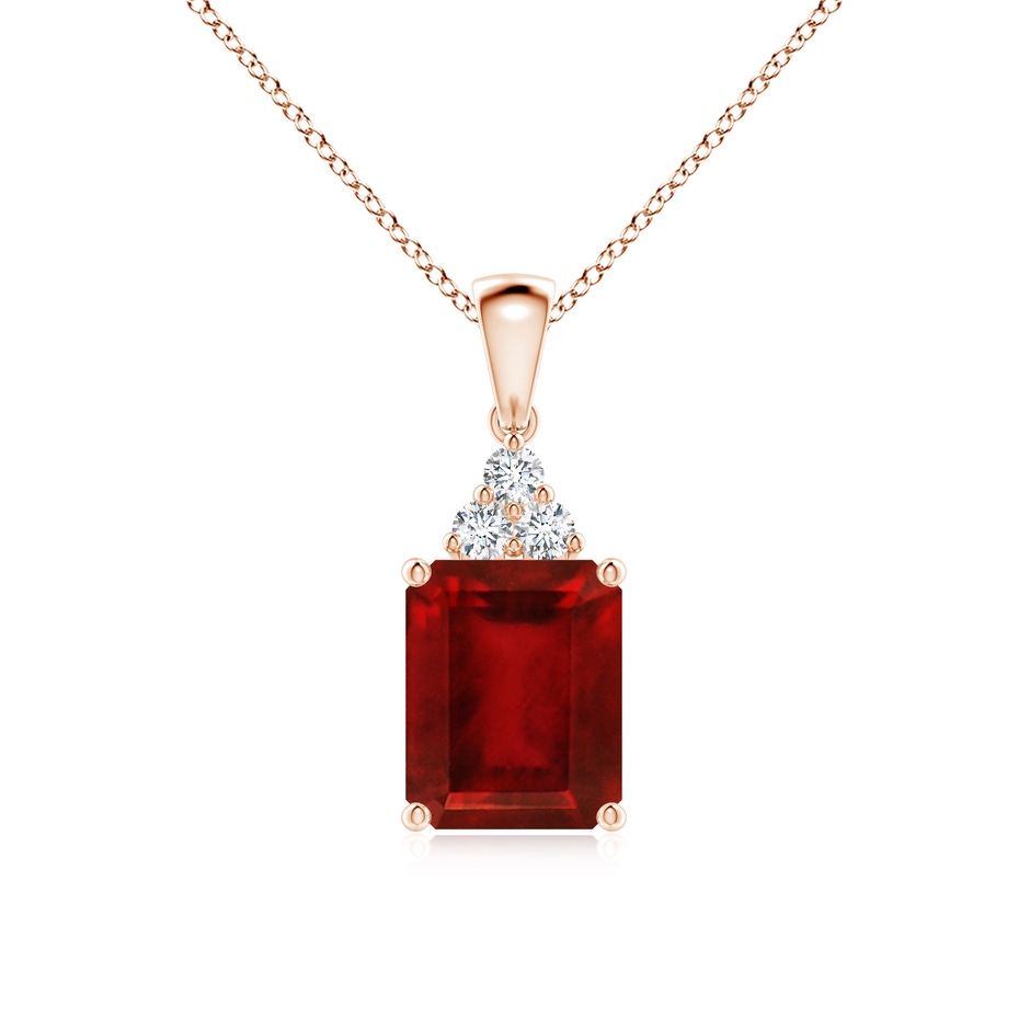 10x8mm AAAA Emerald-Cut Ruby Pendant with Diamond Trio in Rose Gold 