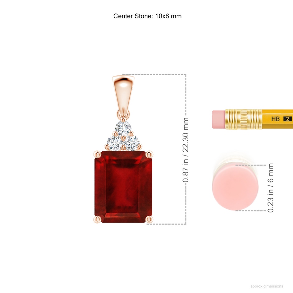 10x8mm AAAA Emerald-Cut Ruby Pendant with Diamond Trio in Rose Gold ruler