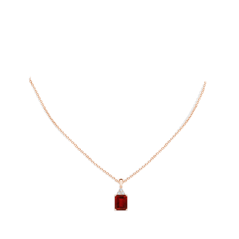 10x8mm AAAA Emerald-Cut Ruby Pendant with Diamond Trio in Rose Gold pen