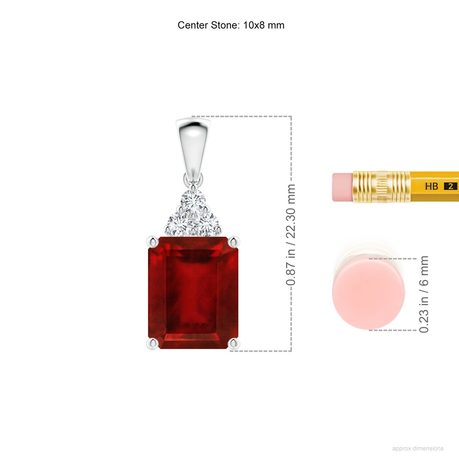 10x8mm AAAA Emerald-Cut Ruby Pendant with Diamond Trio in S999 Silver ruler