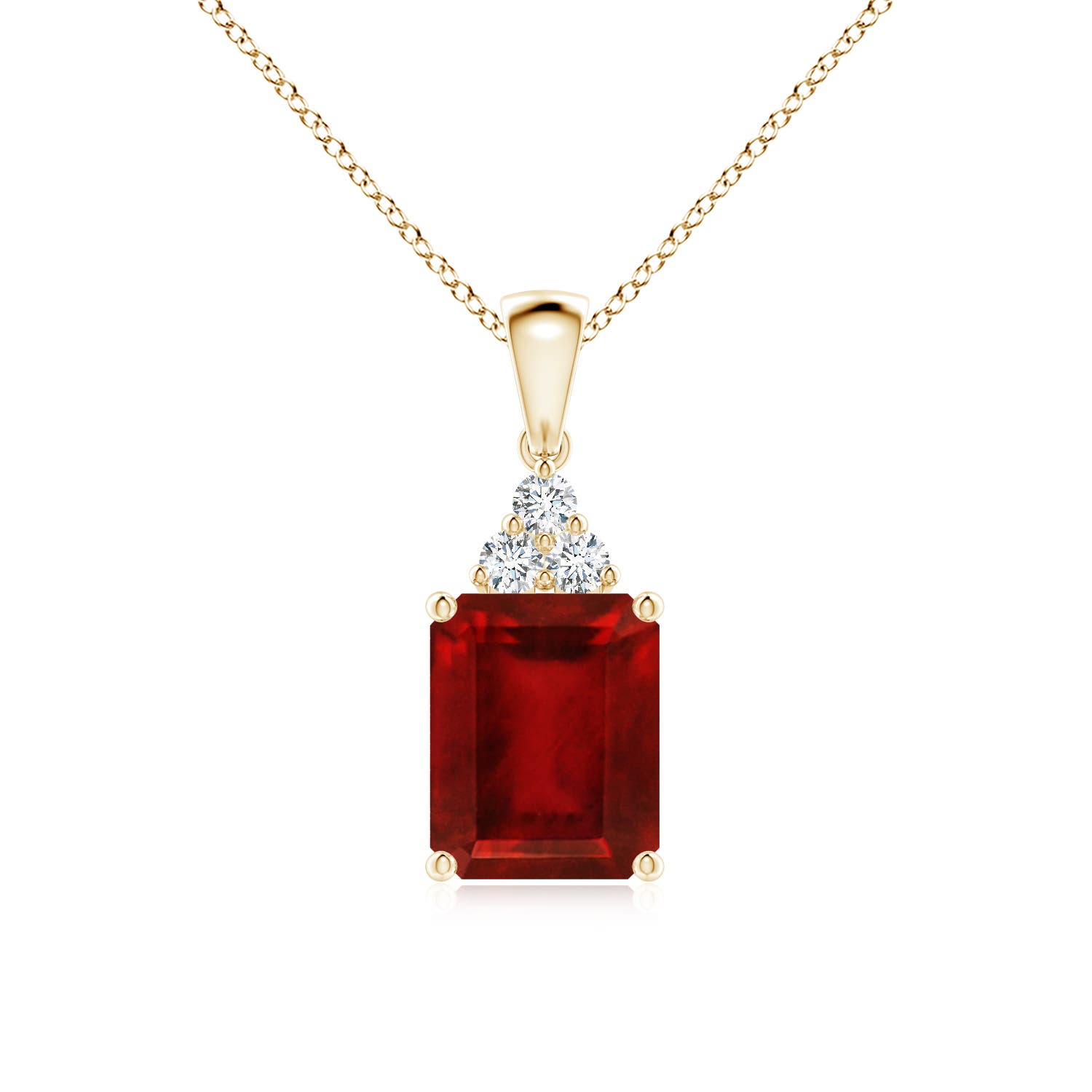 Angara 4.16 CTW Emerald-Cut Ruby Pendant with Diamond Trio in 18K Yellow Gold