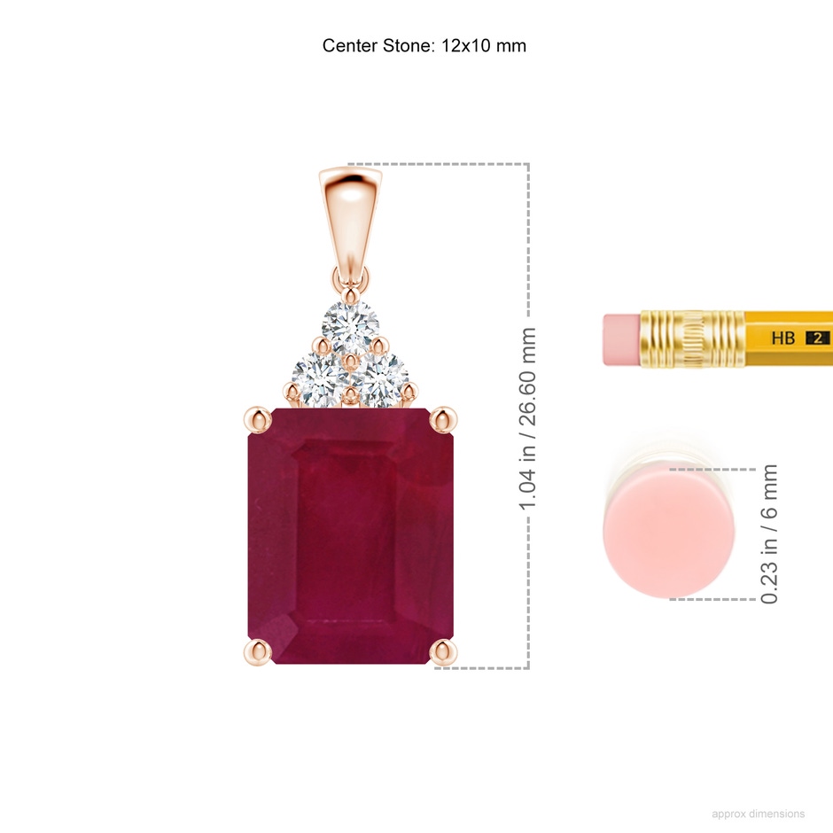 12x10mm A Emerald-Cut Ruby Pendant with Diamond Trio in Rose Gold ruler