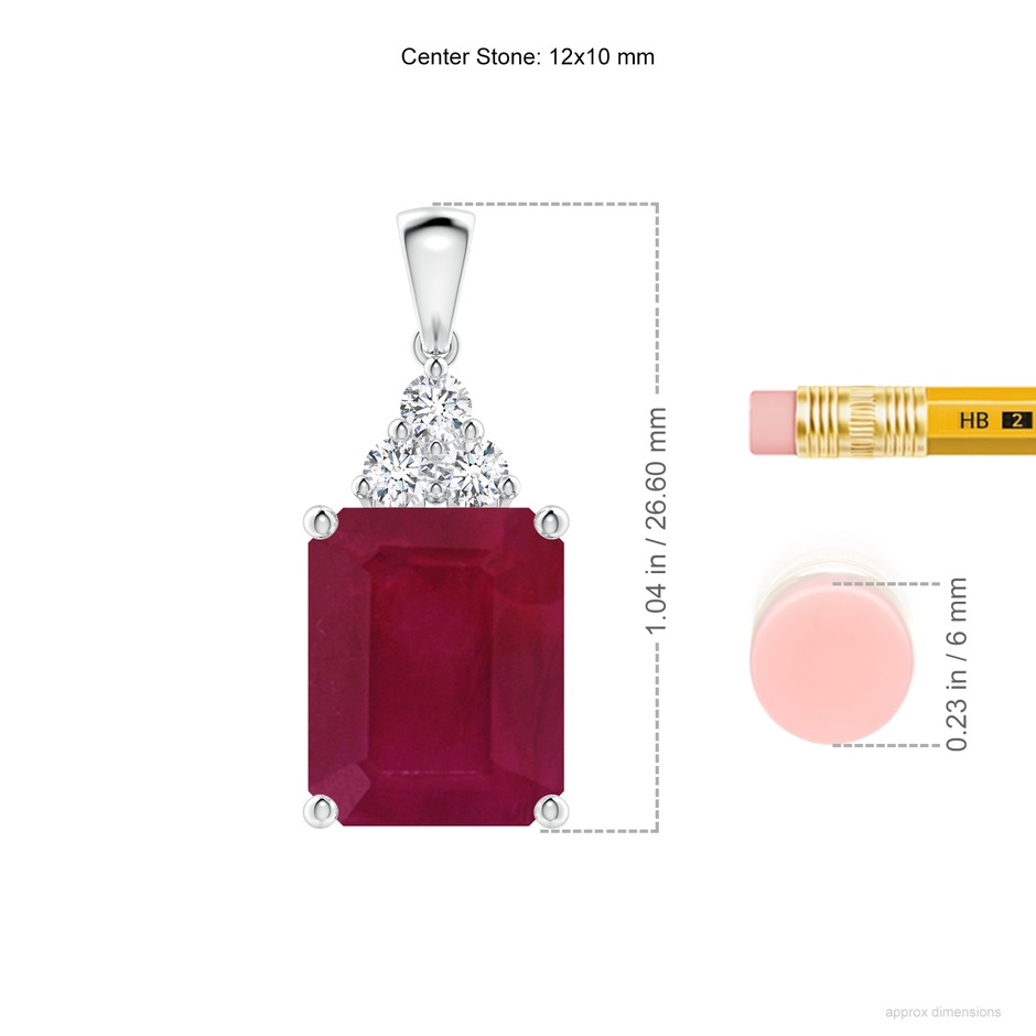 12x10mm A Emerald-Cut Ruby Pendant with Diamond Trio in S999 Silver ruler