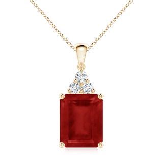 12x10mm AA Emerald-Cut Ruby Pendant with Diamond Trio in 9K Yellow Gold