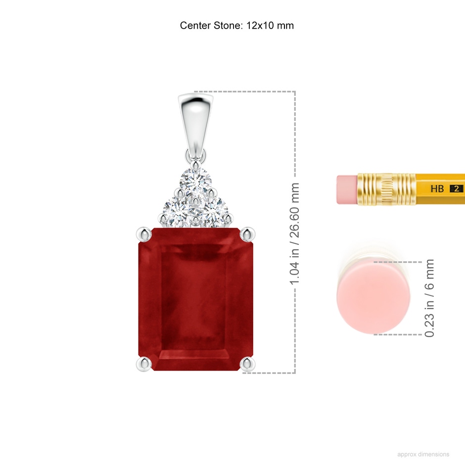 12x10mm AA Emerald-Cut Ruby Pendant with Diamond Trio in P950 Platinum ruler