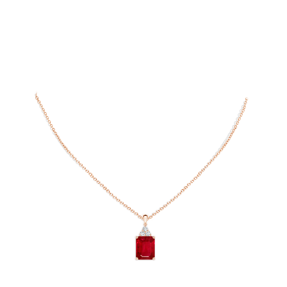 12x10mm AAA Emerald-Cut Ruby Pendant with Diamond Trio in Rose Gold pen