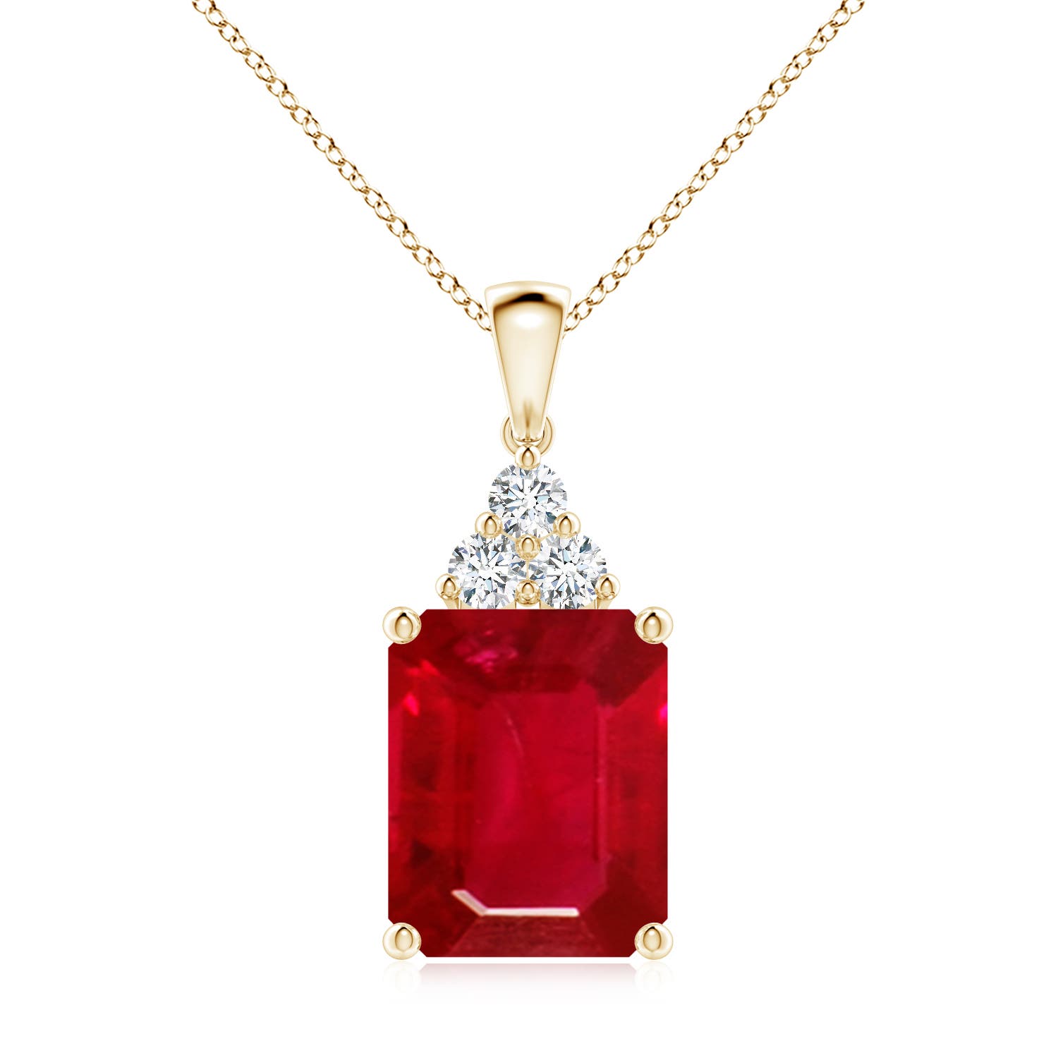 Angara 6.51 CTW Emerald-Cut Ruby Pendant with Diamond Trio in 18K Yellow Gold