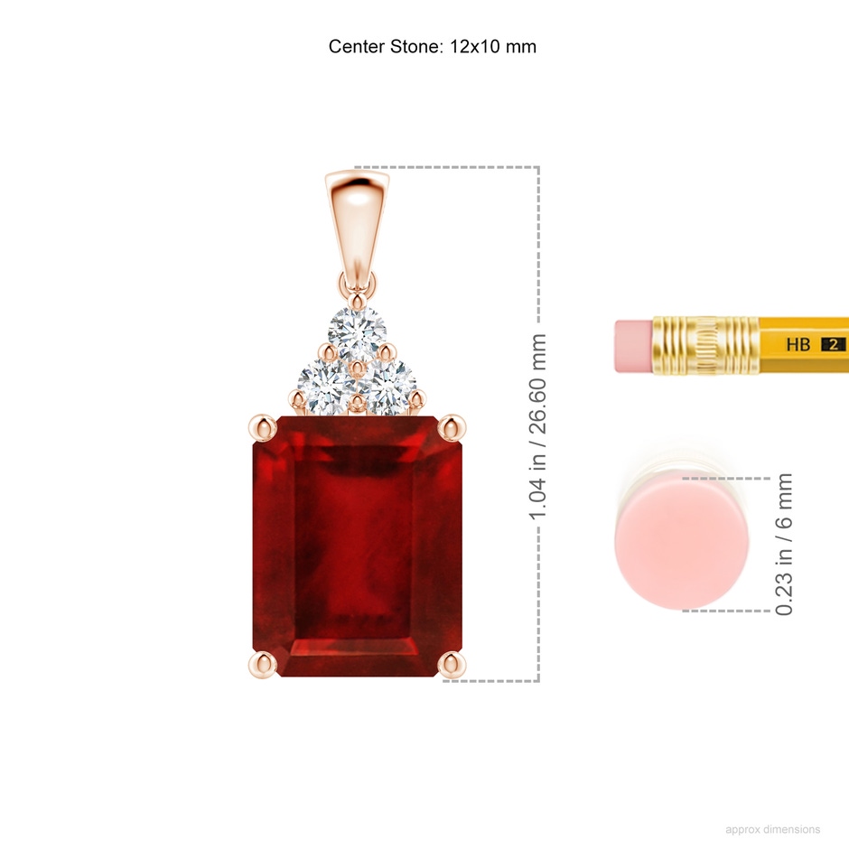 12x10mm AAAA Emerald-Cut Ruby Pendant with Diamond Trio in Rose Gold ruler