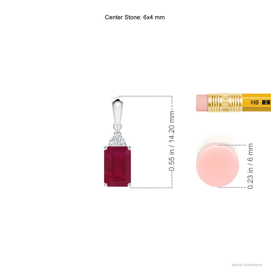 6x4mm A Emerald-Cut Ruby Pendant with Diamond Trio in S999 Silver ruler