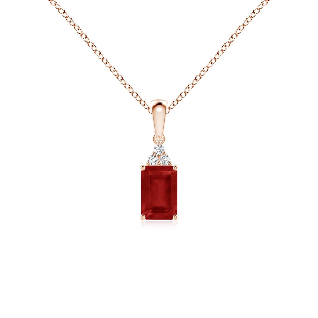 6x4mm AA Emerald-Cut Ruby Pendant with Diamond Trio in Rose Gold 