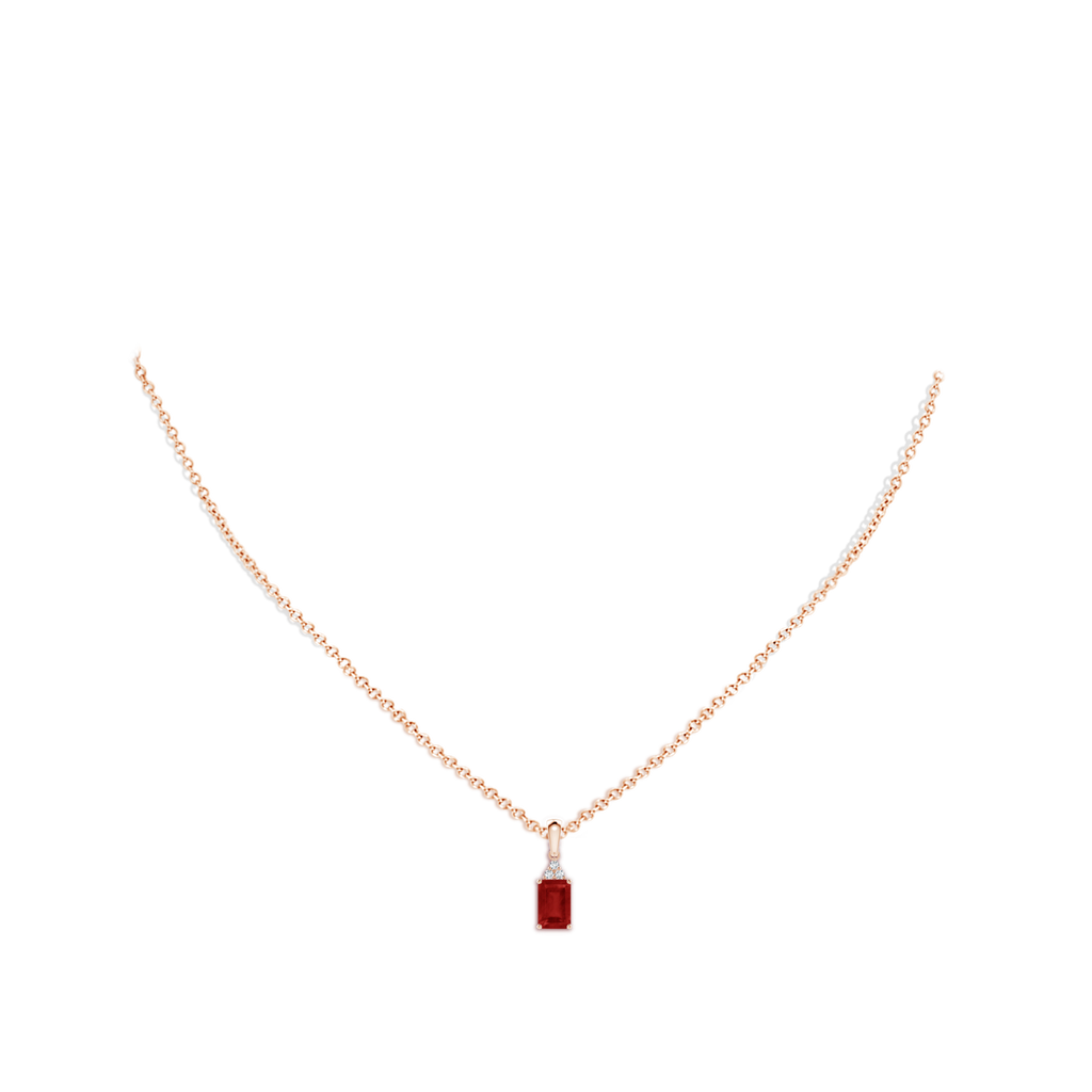 6x4mm AA Emerald-Cut Ruby Pendant with Diamond Trio in Rose Gold pen