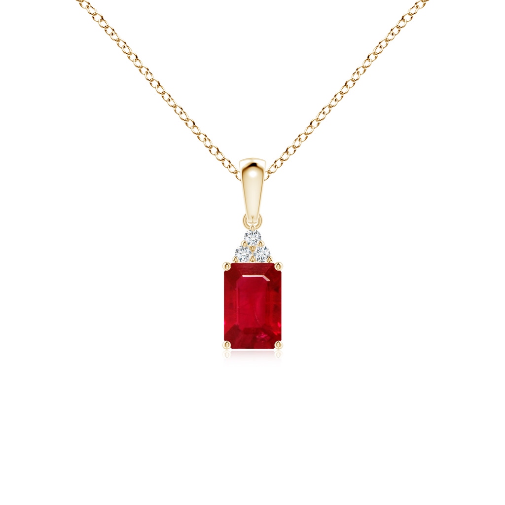 6x4mm AAA Emerald-Cut Ruby Pendant with Diamond Trio in Yellow Gold