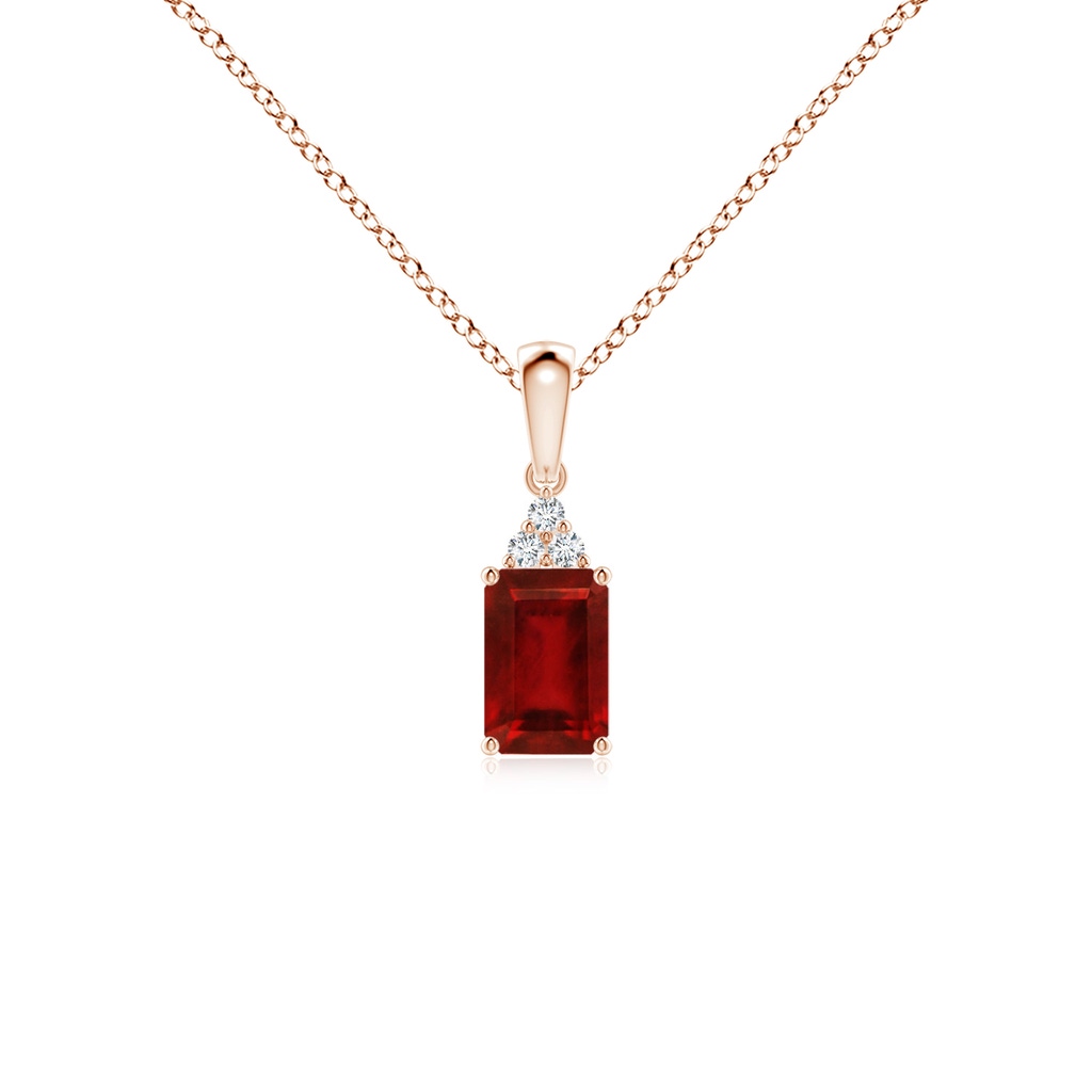 6x4mm AAAA Emerald-Cut Ruby Pendant with Diamond Trio in Rose Gold