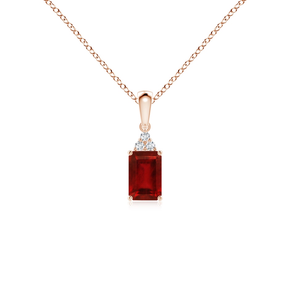 6x4mm AAAA Emerald-Cut Ruby Pendant with Diamond Trio in Rose Gold 