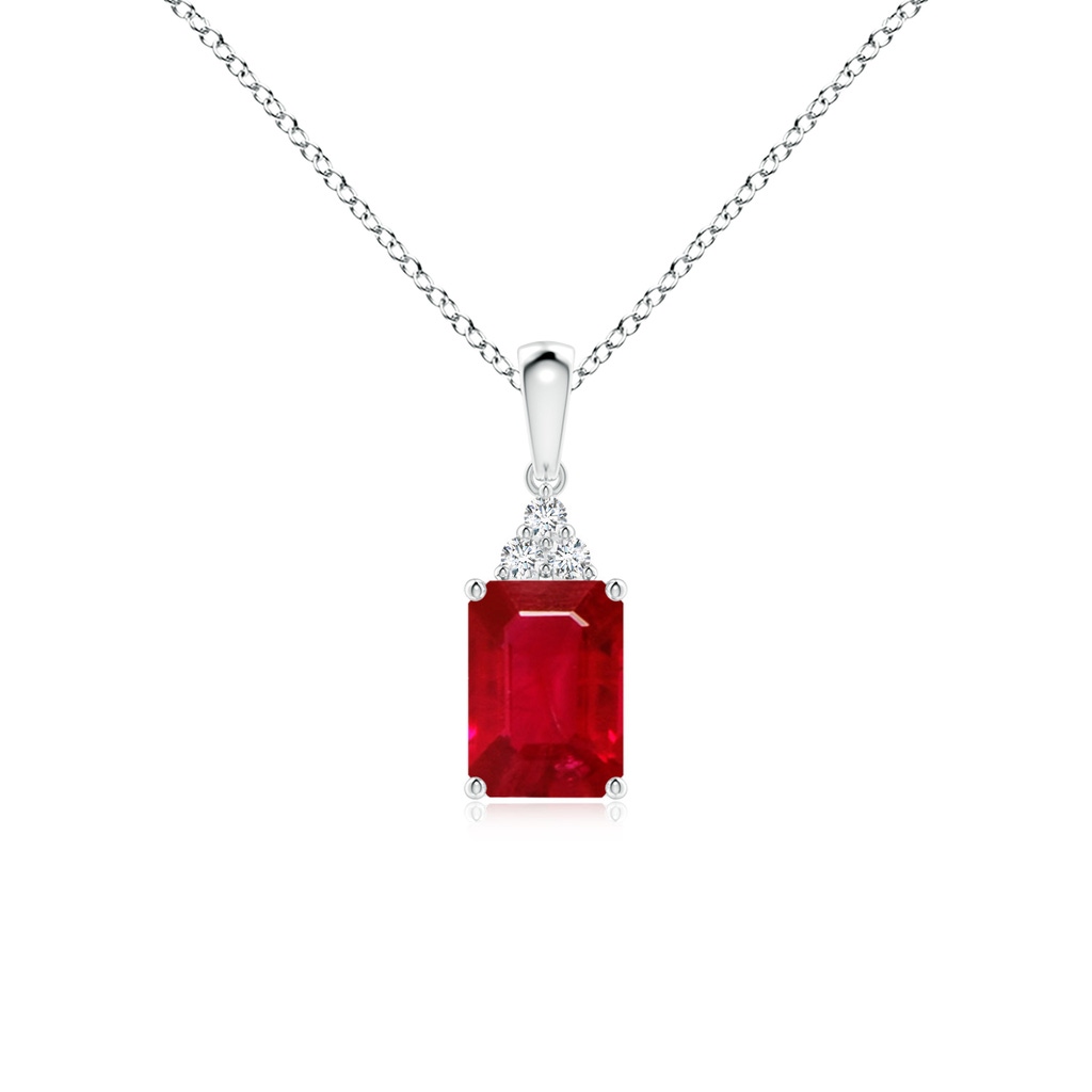 7x5mm AAA Emerald-Cut Ruby Pendant with Diamond Trio in White Gold