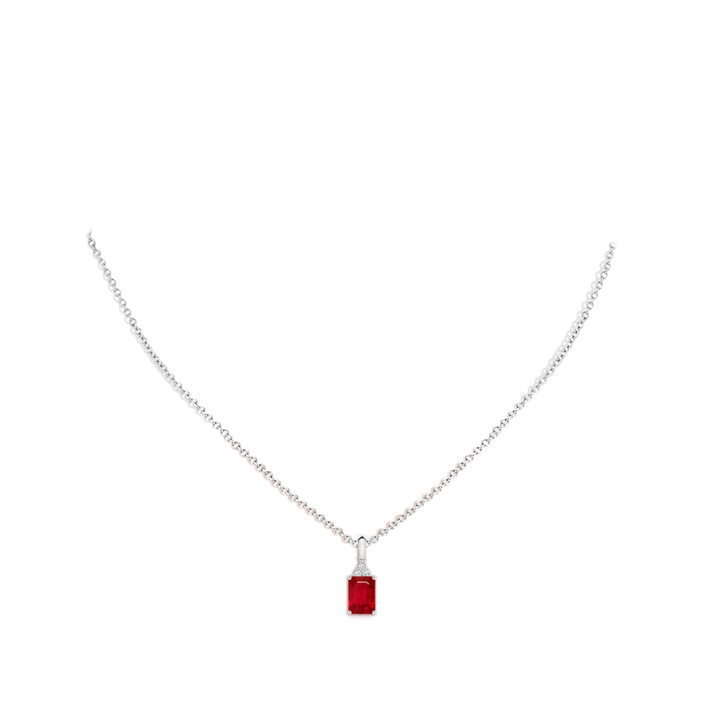 7x5mm AAA Emerald-Cut Ruby Pendant with Diamond Trio in White Gold pen