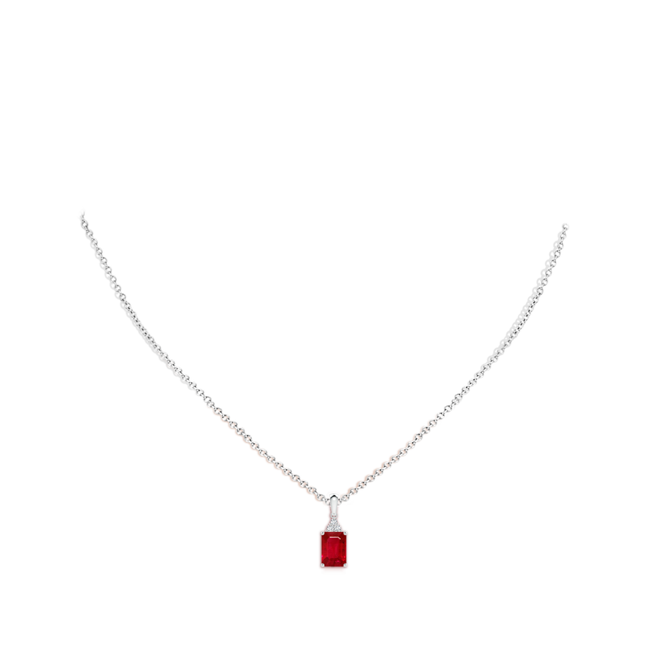 7x5mm AAA Emerald-Cut Ruby Pendant with Diamond Trio in White Gold pen