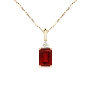 7x5mm AAAA Emerald-Cut Ruby Pendant with Diamond Trio in Yellow Gold