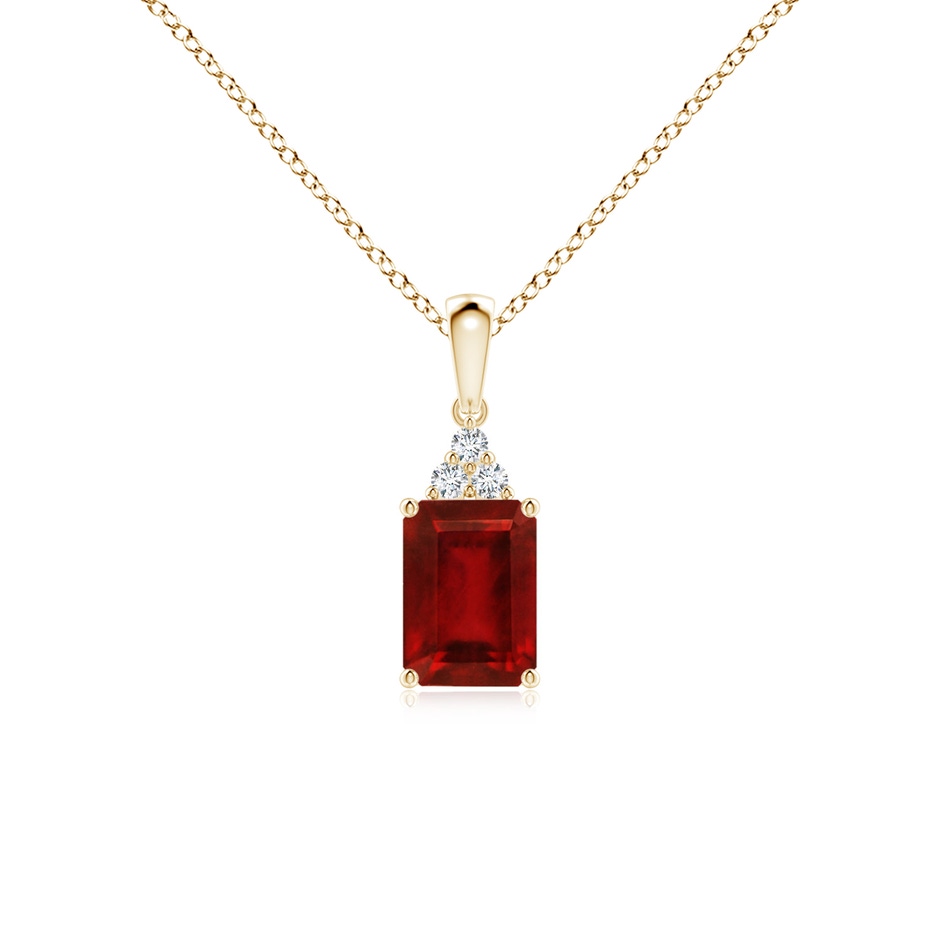 7x5mm AAAA Emerald-Cut Ruby Pendant with Diamond Trio in Yellow Gold 