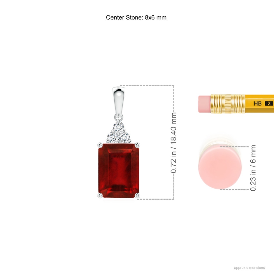 8x6mm AAAA Emerald-Cut Ruby Pendant with Diamond Trio in P950 Platinum ruler