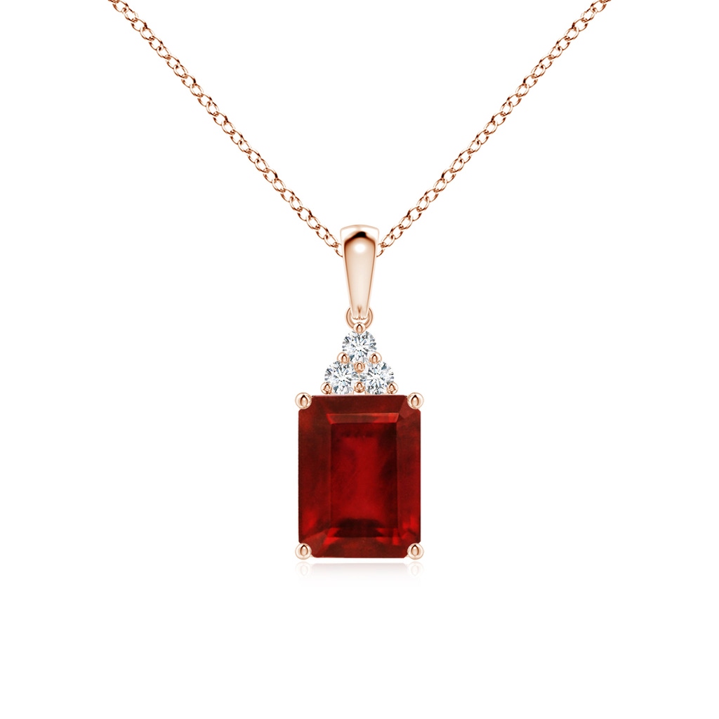8x6mm AAAA Emerald-Cut Ruby Pendant with Diamond Trio in Rose Gold