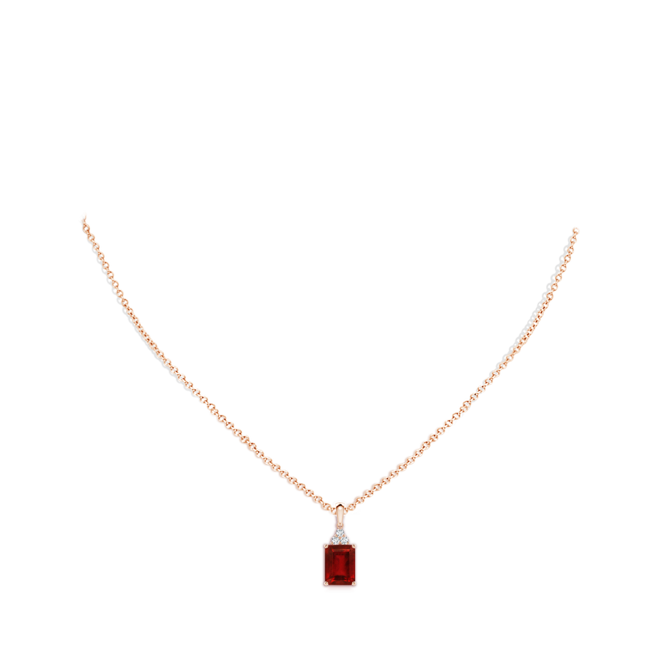 8x6mm AAAA Emerald-Cut Ruby Pendant with Diamond Trio in Rose Gold pen