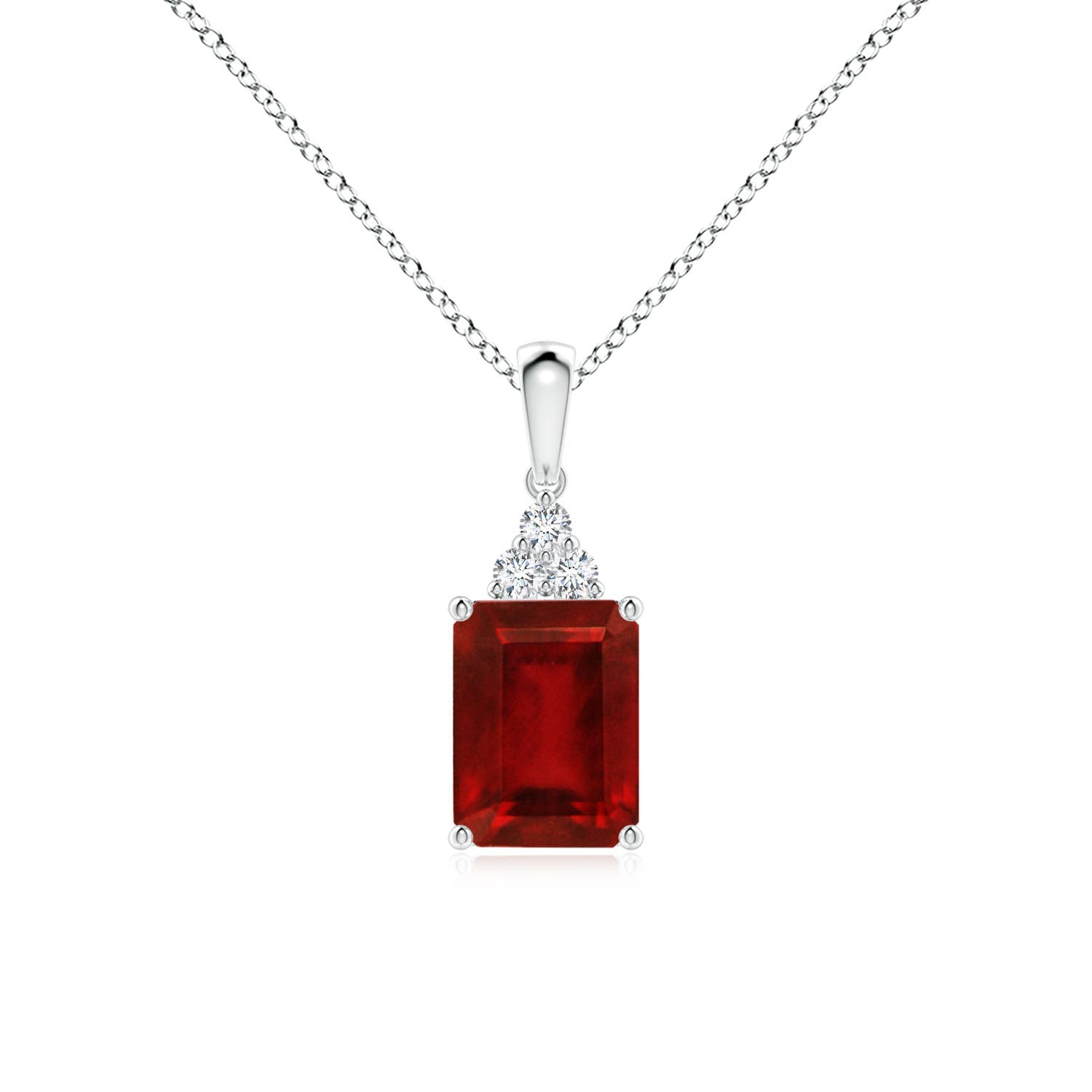 8x6mm AAAA Emerald-Cut Ruby Pendant with Diamond Trio in S999 Silver