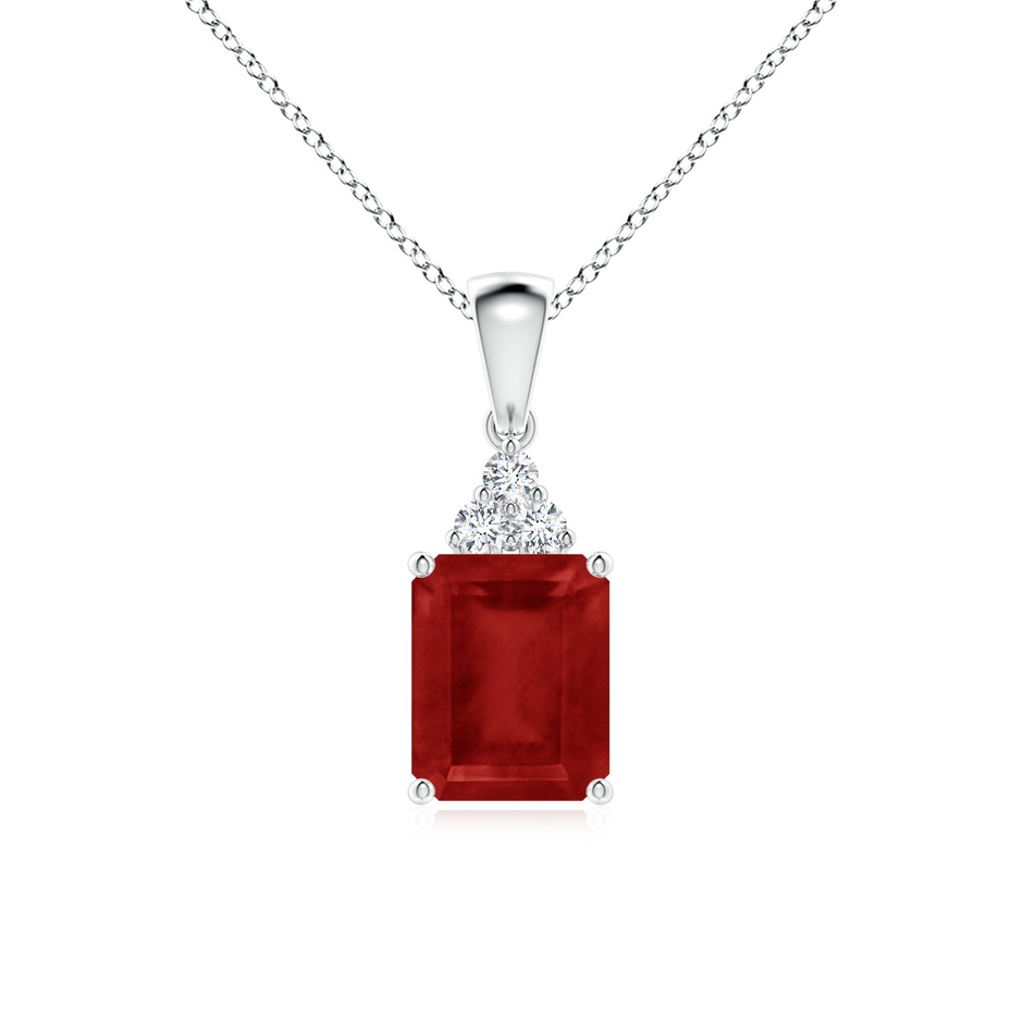9x7mm AA Emerald-Cut Ruby Pendant with Diamond Trio in White Gold 