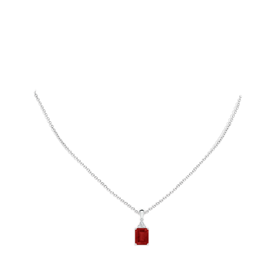 9x7mm AA Emerald-Cut Ruby Pendant with Diamond Trio in White Gold pen
