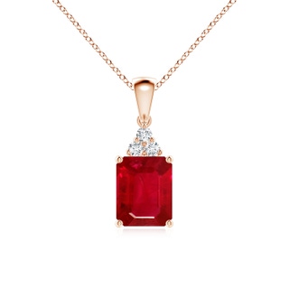 9x7mm AAA Emerald-Cut Ruby Pendant with Diamond Trio in 10K Rose Gold