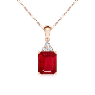 9x7mm AAA Emerald-Cut Ruby Pendant with Diamond Trio in 9K Rose Gold