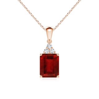 9x7mm AAAA Emerald-Cut Ruby Pendant with Diamond Trio in Rose Gold