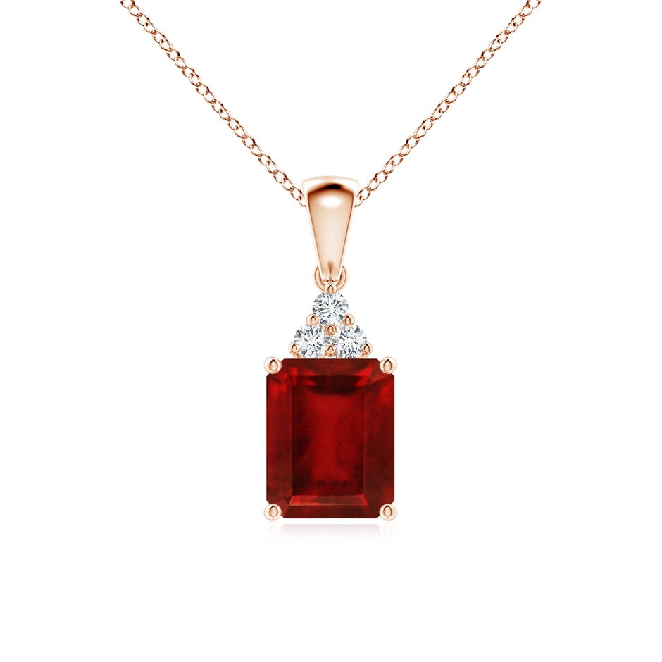 9x7mm AAAA Emerald-Cut Ruby Pendant with Diamond Trio in Rose Gold 