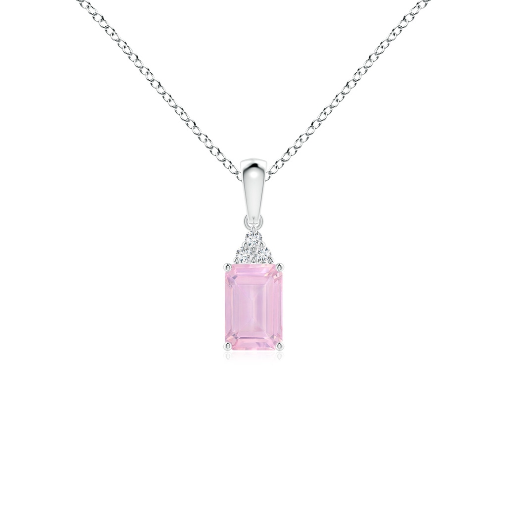 6x4mm AAAA Emerald-Cut Rose Quartz Pendant with Diamond Trio in P950 Platinum