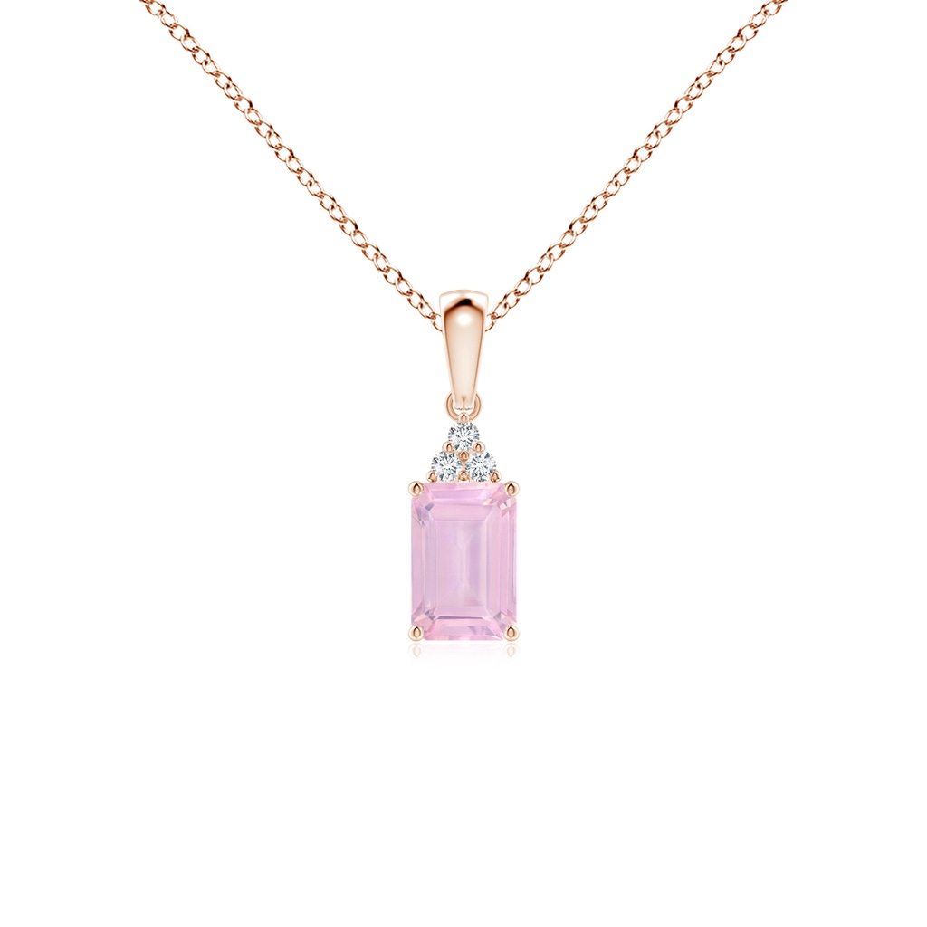 6x4mm AAAA Emerald-Cut Rose Quartz Pendant with Diamond Trio in Rose Gold