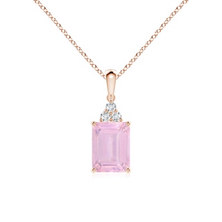 8x6mm AAAA Emerald-Cut Rose Quartz Pendant with Diamond Trio in Rose Gold