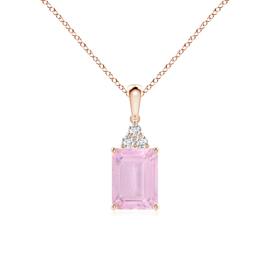 8x6mm AAAA Emerald-Cut Rose Quartz Pendant with Diamond Trio in Rose Gold 