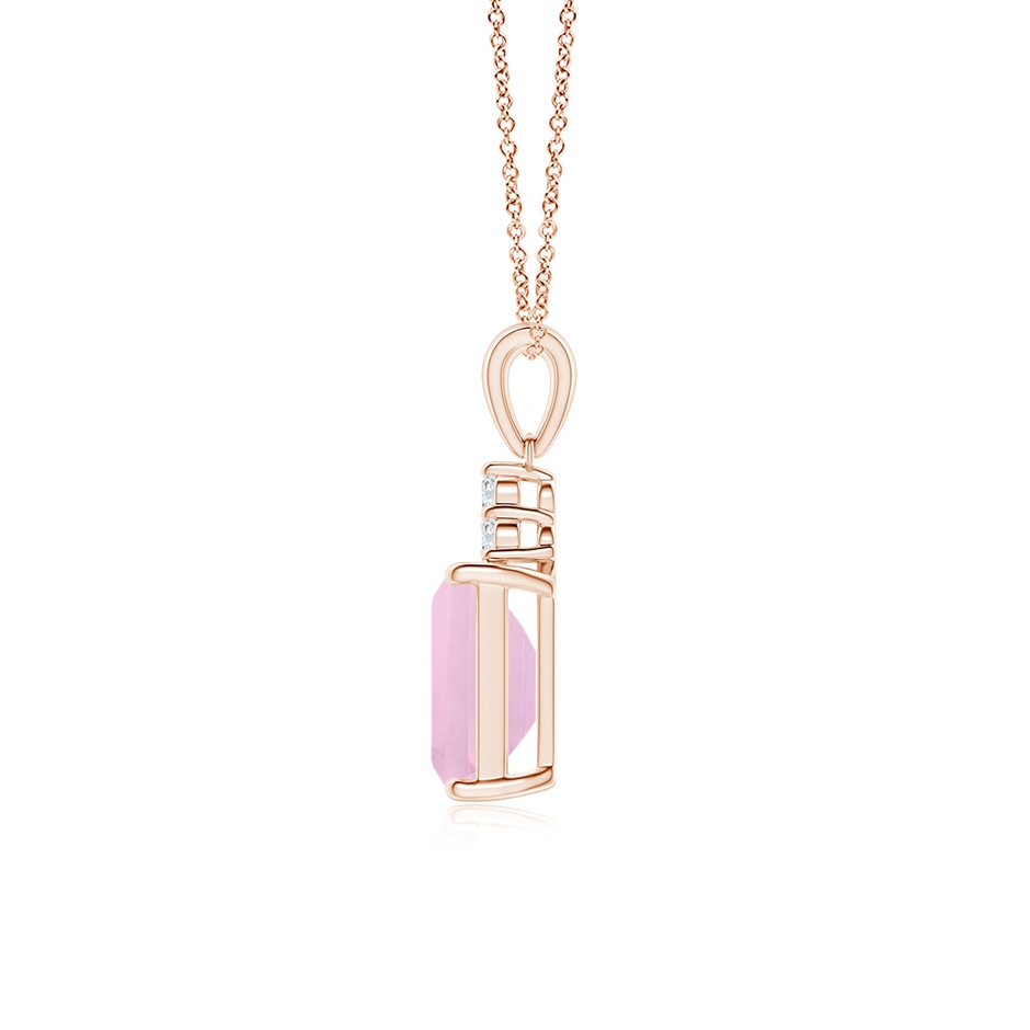 8x6mm AAAA Emerald-Cut Rose Quartz Pendant with Diamond Trio in Rose Gold side-1