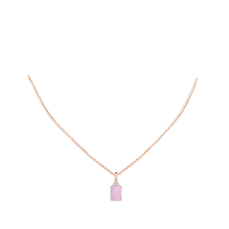 8x6mm AAAA Emerald-Cut Rose Quartz Pendant with Diamond Trio in Rose Gold body-neck