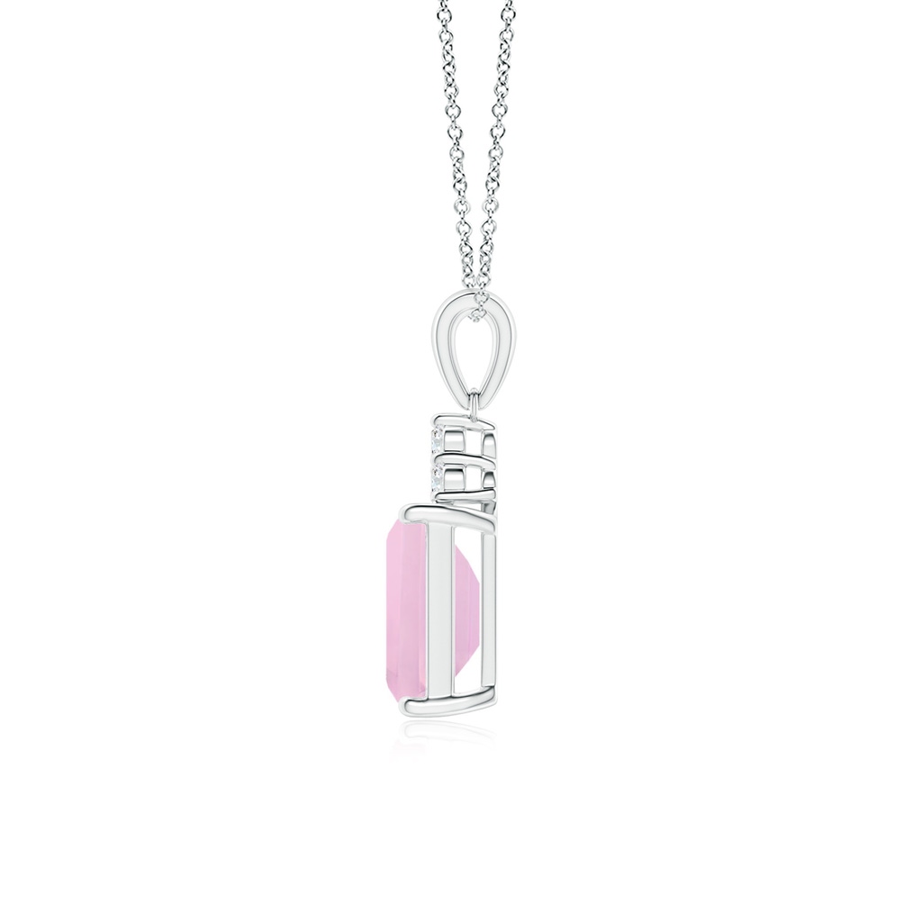 8x6mm AAAA Emerald-Cut Rose Quartz Pendant with Diamond Trio in White Gold Side-1