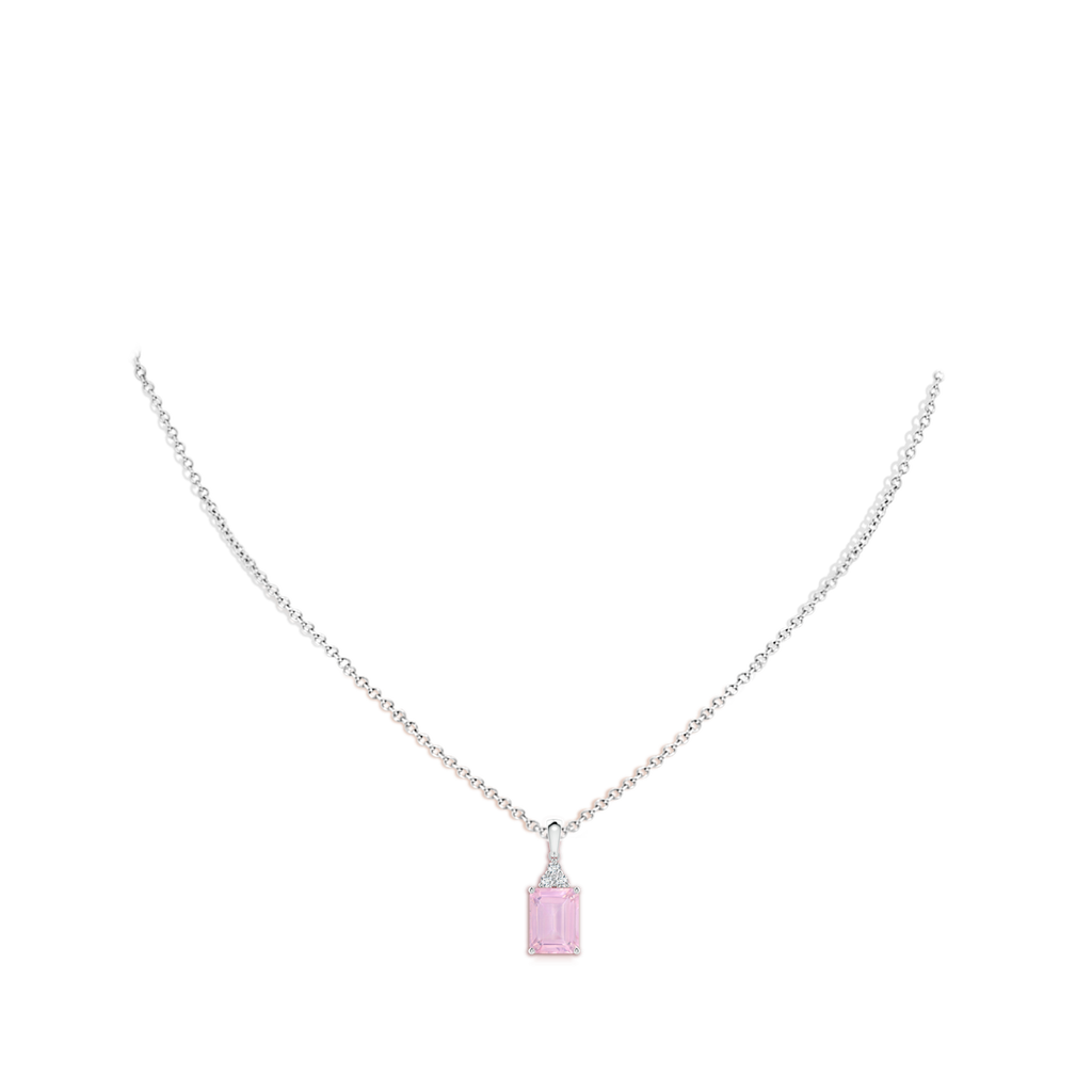 8x6mm AAAA Emerald-Cut Rose Quartz Pendant with Diamond Trio in White Gold Body-Neck