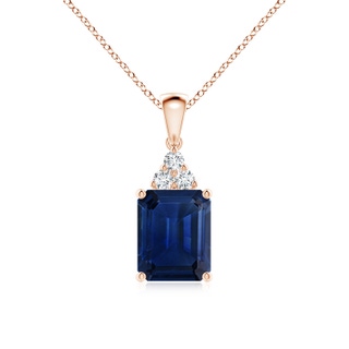 10x8mm AAA Emerald-Cut Blue Sapphire Pendant with Diamond Trio in Rose Gold