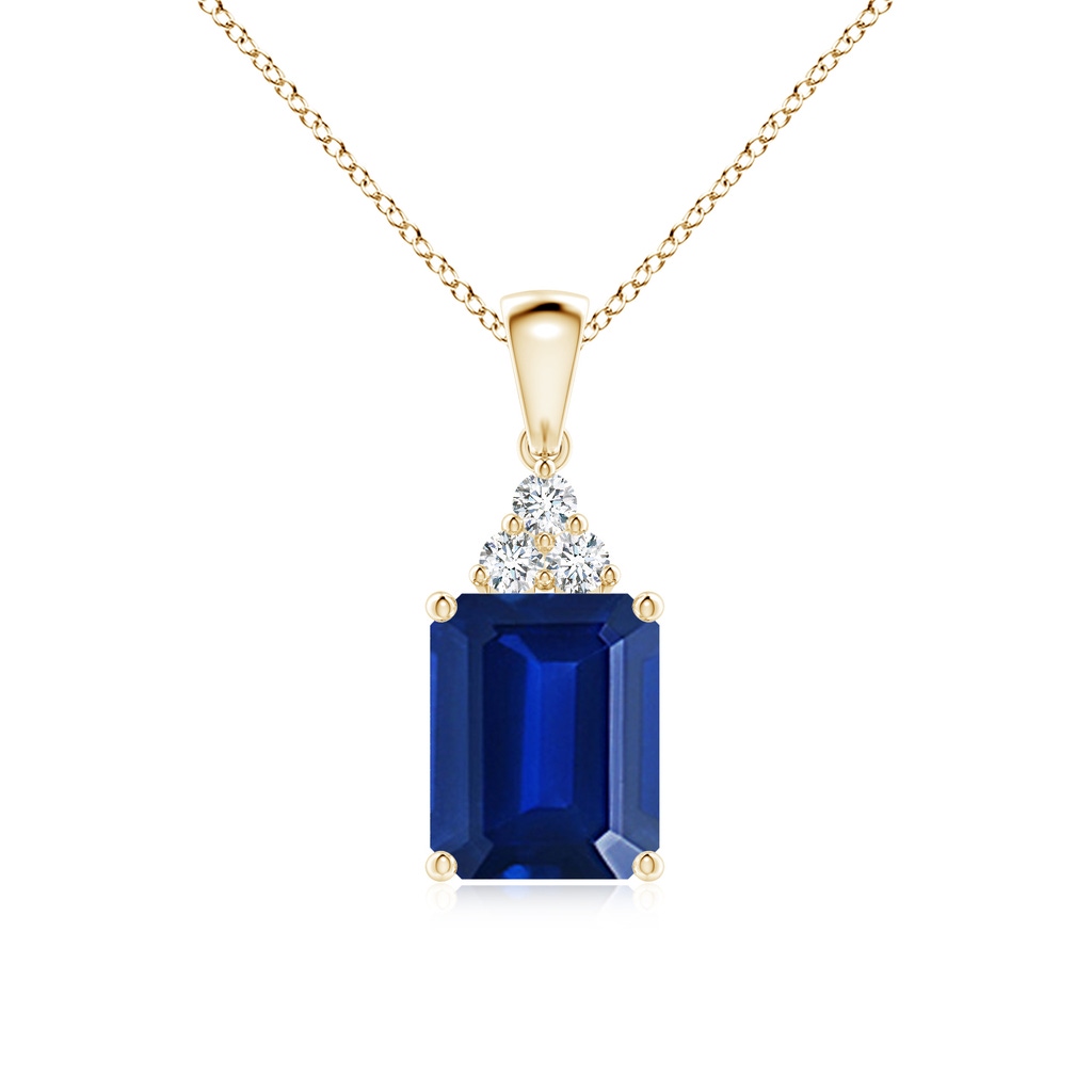 10x8mm Lab-Grown Emerald-Cut Blue Sapphire Pendant with Diamond Trio in Yellow Gold