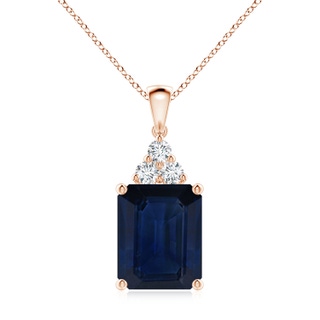 12x10mm AA Emerald-Cut Blue Sapphire Pendant with Diamond Trio in 9K Rose Gold