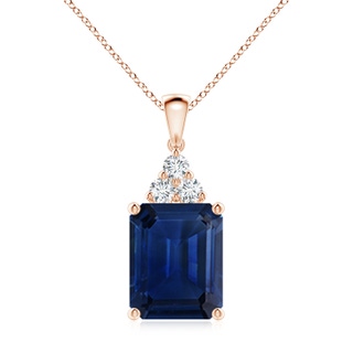 12x10mm AAA Emerald-Cut Blue Sapphire Pendant with Diamond Trio in Rose Gold