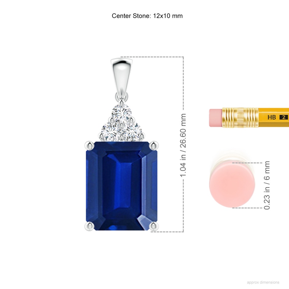 12x10mm Lab-Grown Emerald-Cut Blue Sapphire Pendant with Diamond Trio in P950 Platinum ruler