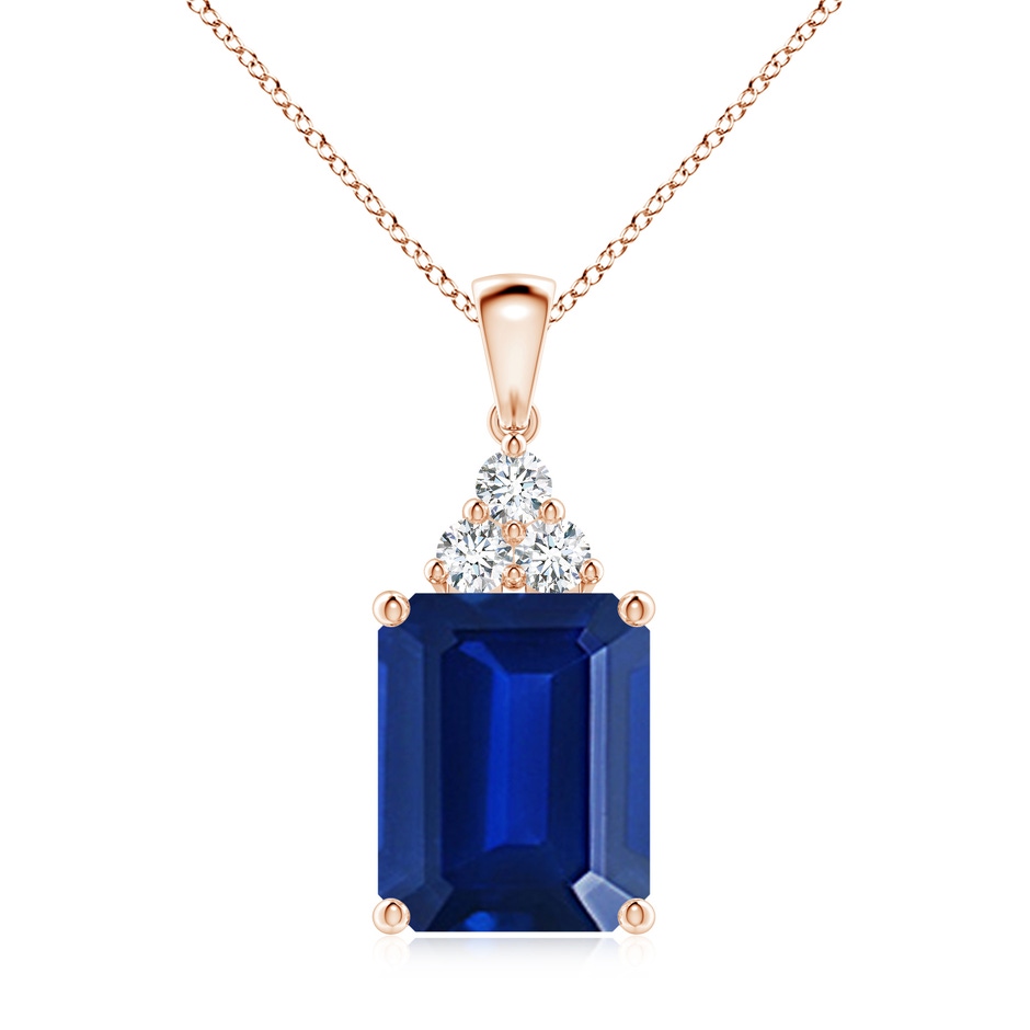 12x10mm Lab-Grown Emerald-Cut Blue Sapphire Pendant with Diamond Trio in Rose Gold 