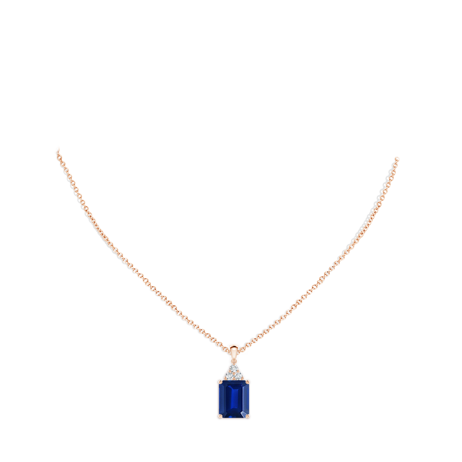 12x10mm Lab-Grown Emerald-Cut Blue Sapphire Pendant with Diamond Trio in Rose Gold pen