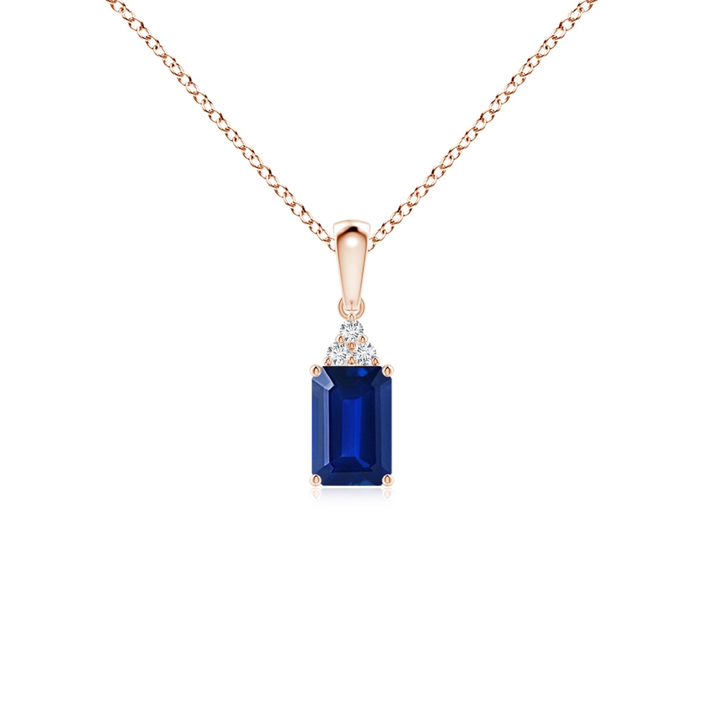 6x4mm AAAA Emerald-Cut Blue Sapphire Pendant with Diamond Trio in Rose Gold