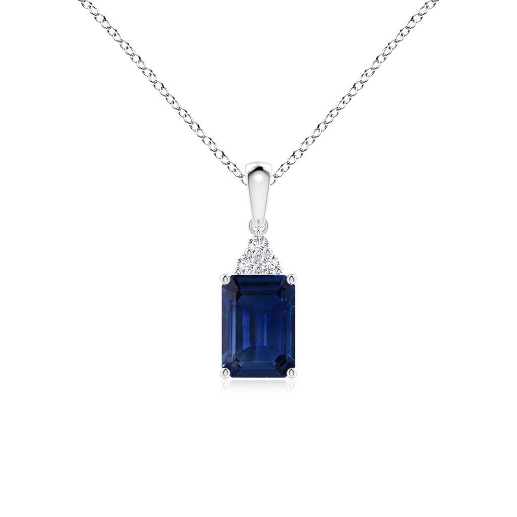 7x5mm AAA Emerald-Cut Blue Sapphire Pendant with Diamond Trio in White Gold 